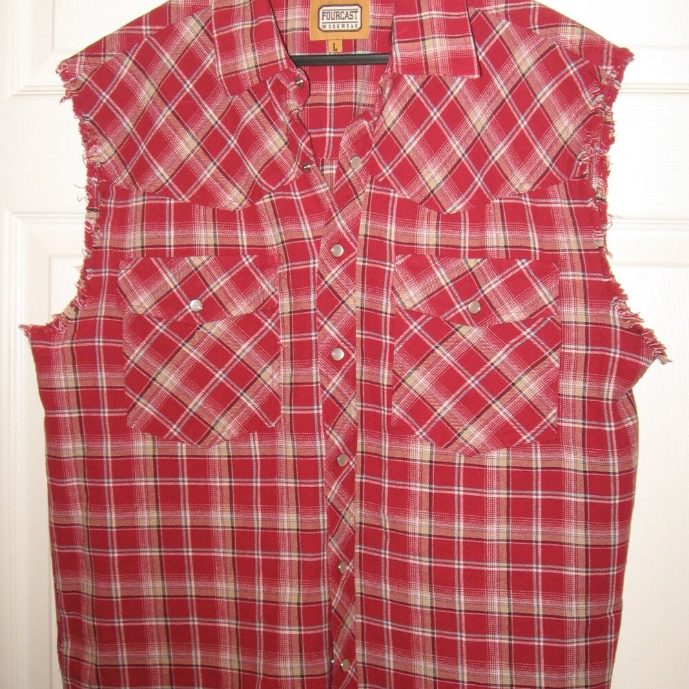 Fourcast Workwear Pearl Snap Plaid Sleeveless Shirt Men's Size Large